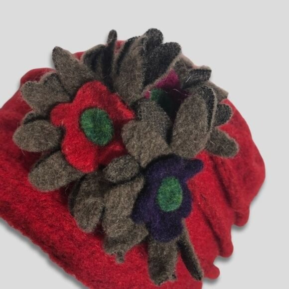 Vintage Florence Wool Felt Wool Hat Emily in Paris Floral Appliqué Deep Red OS - Picture 2 of 7